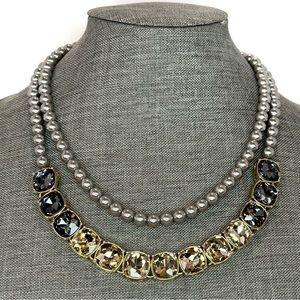 Talbots 2 Row Grey Pearl & Rhinestone Layered Necklace
